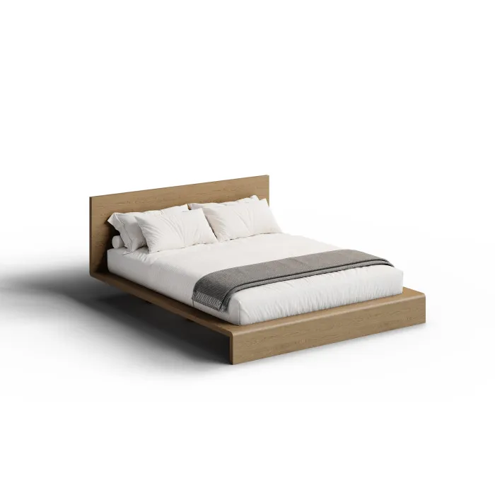 Natural solid wood bed in a modern bedroom